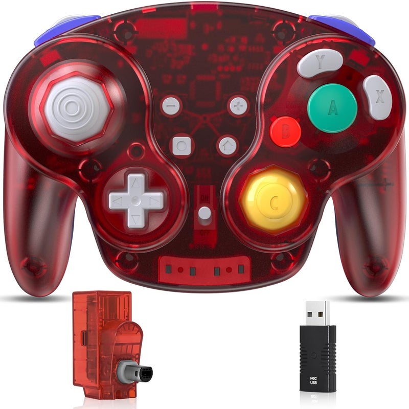 SAFFUN 2.4 GHz Wireless GameCube Switch Pro Controller, for NGC GameCube Console, Switch/Switch OLED, PC, Steam Deck (Built-in Rumble) (Rechargeable) (Plug and Play) Clear Red - Image 1
